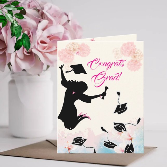 Gratulerar Grad! - Female Student - Rosa Blommigt Kort (Skapare uppladdad)