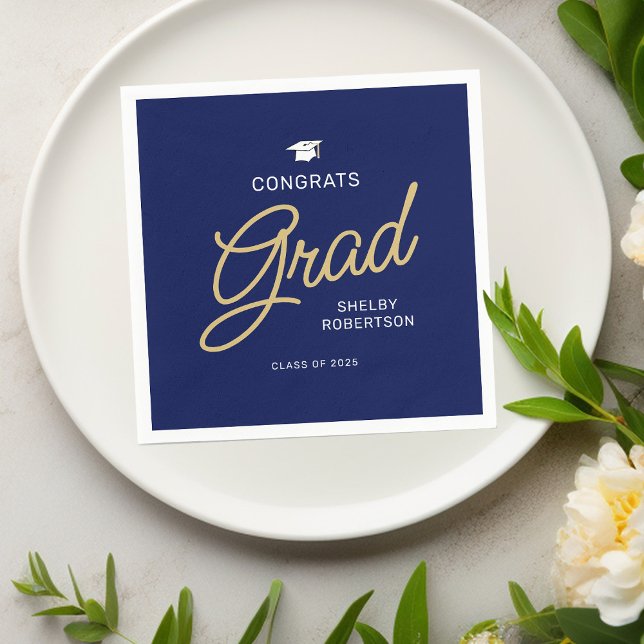 Gratulerar Grad Modern Script Navy Blue Studenten Pappersservett (Skapare uppladdad)