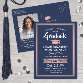 Gratulerar Grad Navy Blue & Rosa Spara datumfoto Meddelande Vykort