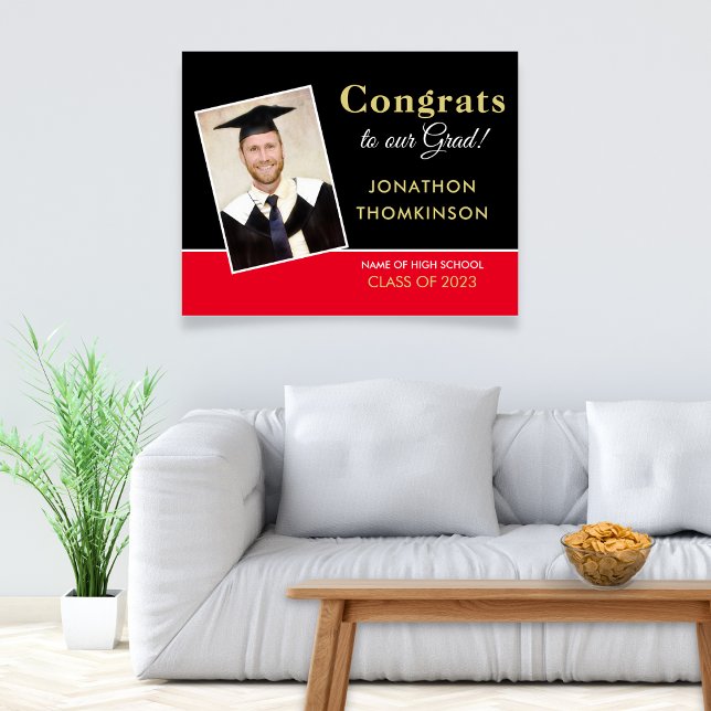 Gratulerar Grad Photo Black Red Guld 2025 Studente Poster (Skapare uppladdad)