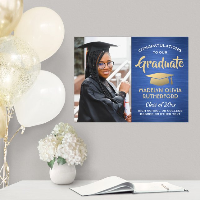 Gratulerar Grad Photo Brushed Blue & Guld Studente Poster (Skapare uppladdad)