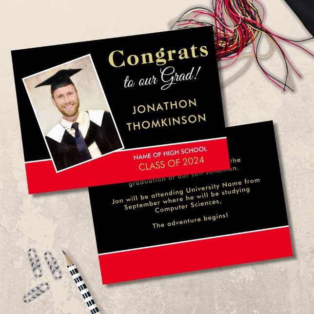 Gratulerar Grad Photo Guld Black Red 2025 Studente Meddelande (front and back view)