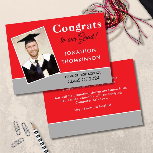 Gratulerar Grad Photo Red Silver 2025 Studenten Meddelande (front and back view)