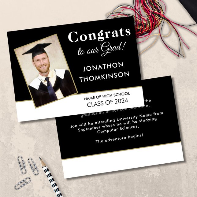 Gratulerar Grad Photo White Black 2025 Studenten Meddelande (front and back view)