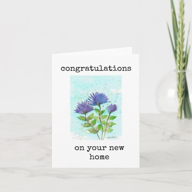 Gratulerar Ny Hem Kort, Blå Asters Konst Kort (Framsida)