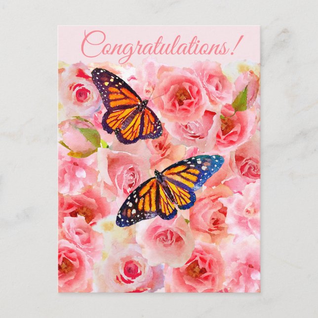 Gratulerar Rosa Ro och fjärilar Vykort (Framsida)