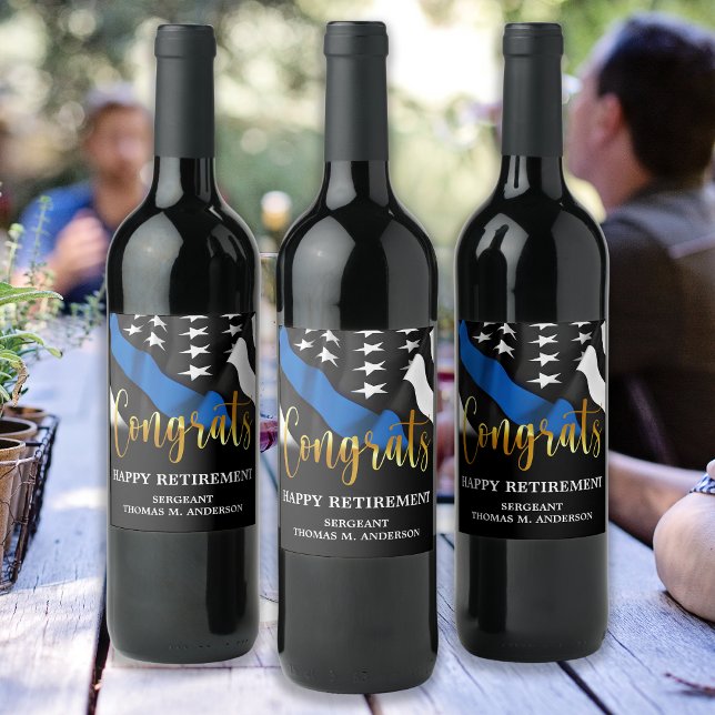 Gratulerar Thin Blue Line för poliser Pension Part Vinflaska Etikett (Skapare uppladdad)