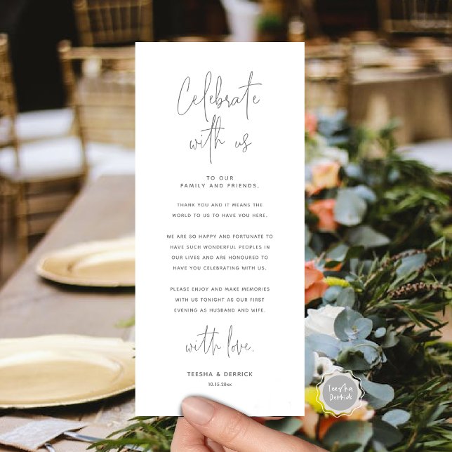 Gratulerar till oss, tack för att du fick kortet i program (Celebrate With Us, Place Setting Thank you Card, in Dark Grey Modern Handwriting Script Themed)