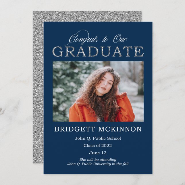 Gratulerar till vår Student Faux Silver Glitter Bl Meddelande (Fram/baksida)