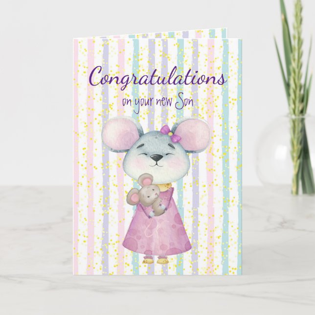 Gratulerara Baby Roligt Cute Mouse Animal Son Kort (Framsida)