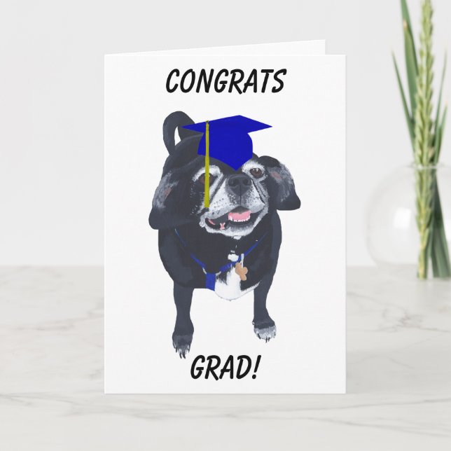 Gratulerara Grad Pug Hund Blue Cap och Tassel Card Kort (Framsida)