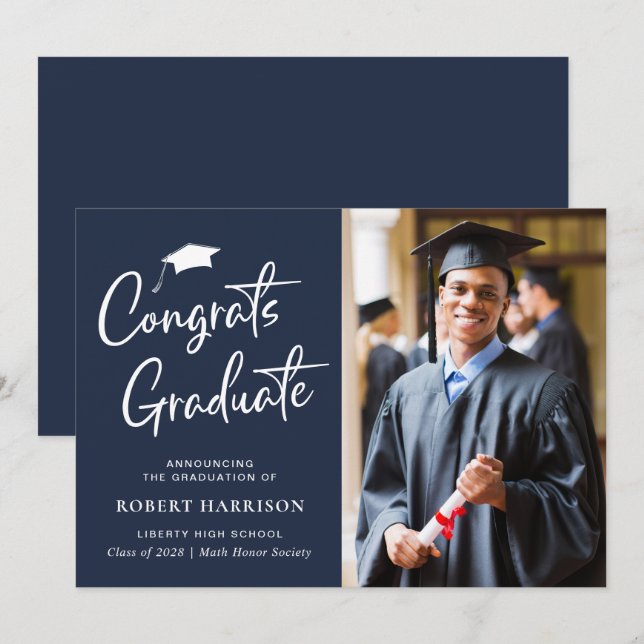 Gratulerara Student-fotoskript, blå Studenten Meddelande (Fram/baksida)