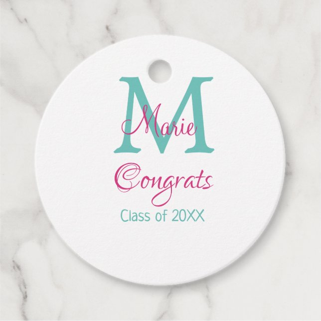 Gratulerara student namn monogram grönt rosa blått gåvor etiketter (Framsida)