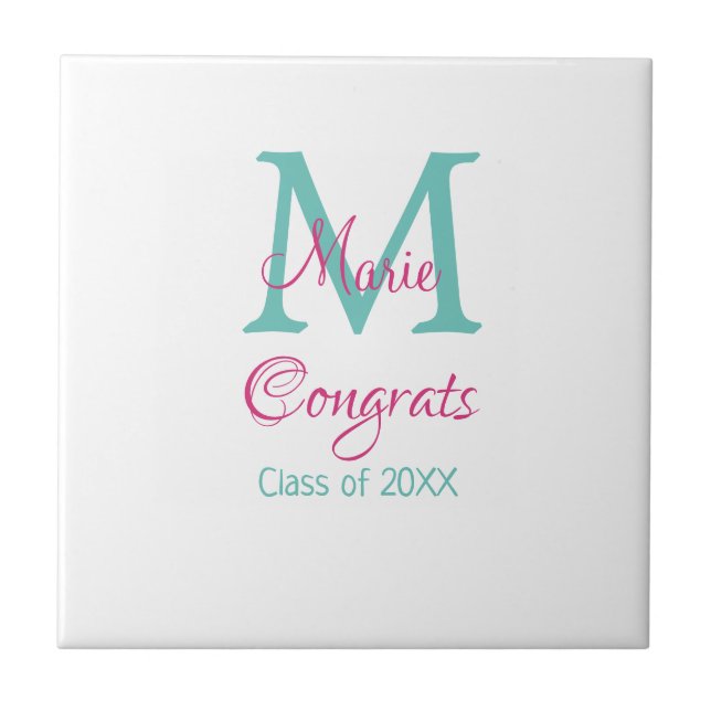 Gratulerara student namn monogram grönt rosa blått kakelplatta (Framsidan)