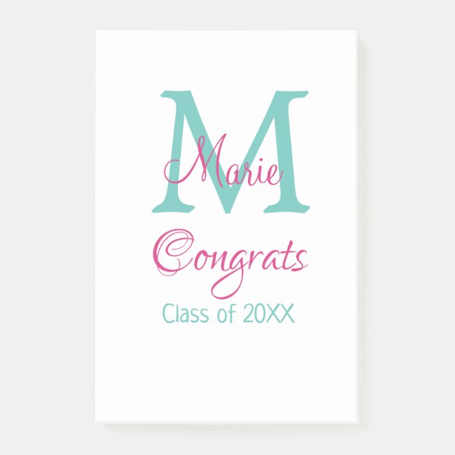 Gratulerara student namn monogram grönt rosa blått post-it block (Framsida)