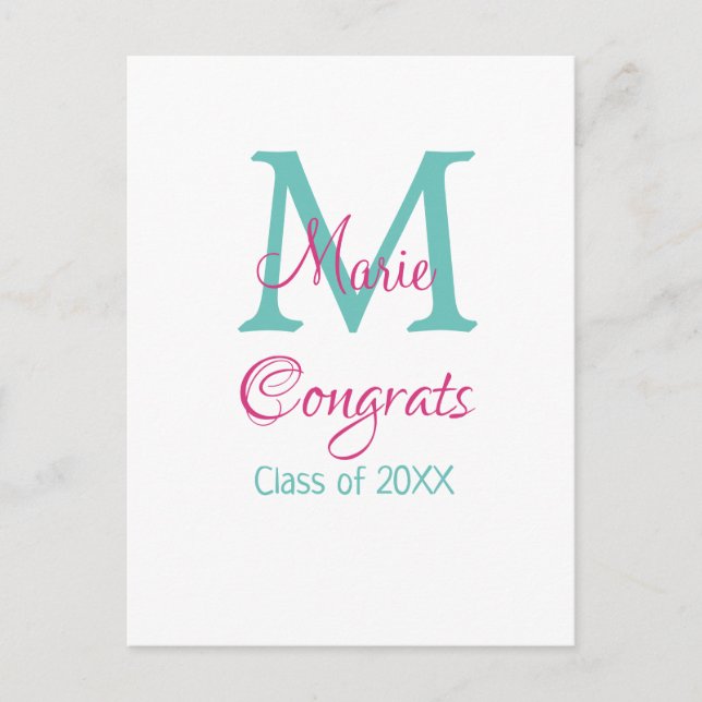 Gratulerara student namn monogram grönt rosa blått vykort (Framsida)