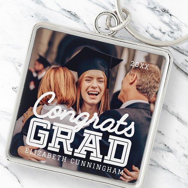 Gratulerart Grad Modern Simple Preppy Photo Fyrkantig Silverfärgad Nyckelring (Skapare uppladdad)