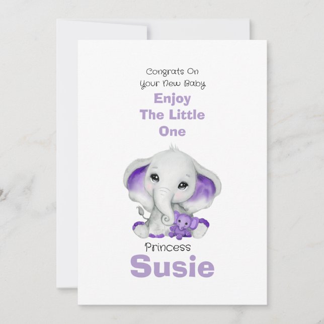 Gratulerart kort för elefant med lavender nalle (Framsida)