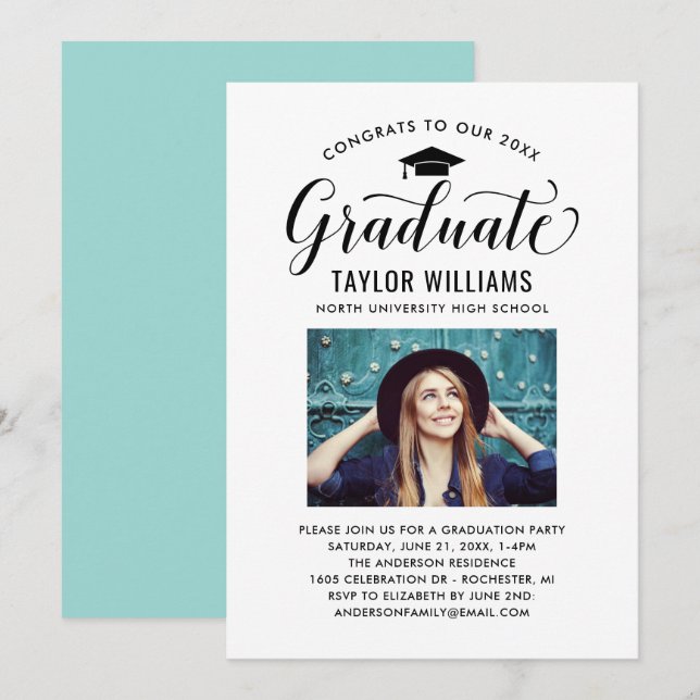 Gratulerart till vårt Student Black Script Photo Inbjudningar (Fram/baksida)