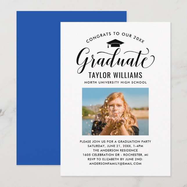 Gratulerart till vårt Student Black Script Photo Inbjudningar (Fram/baksida)