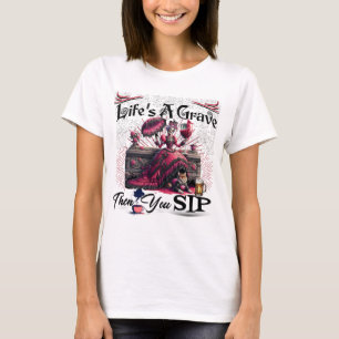 Grave Skeleton Drinking Cat Coffee T Shirt