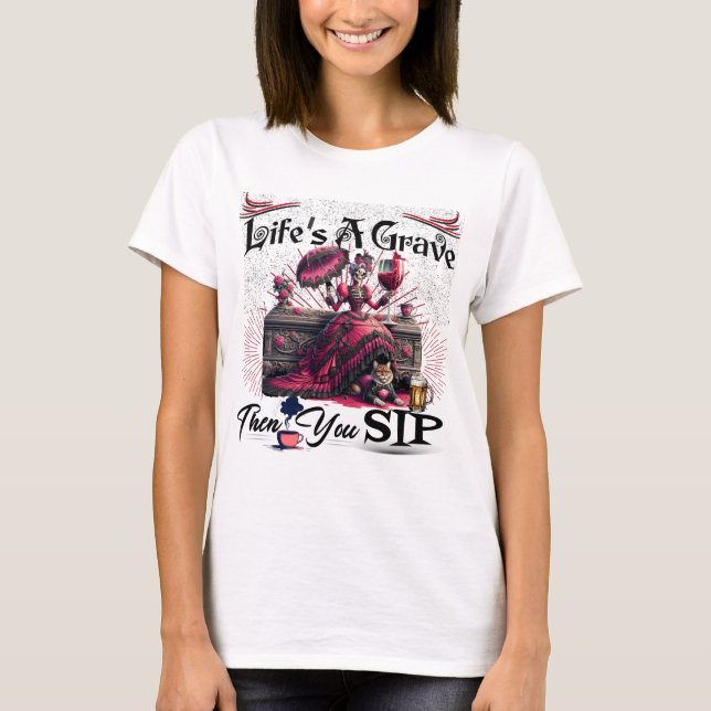 Grave Skeleton Drinking Cat Coffee T Shirt (Framsida)