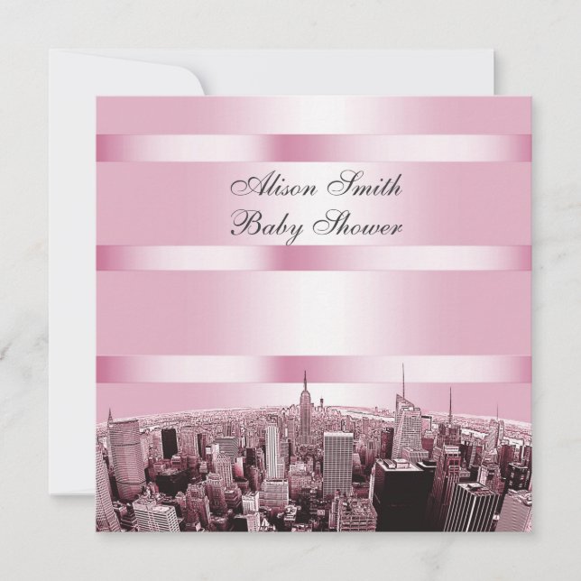 Graverad NYC Siluett 2 Svart Rosa Baby Shower Inbjudningar (Framsida)