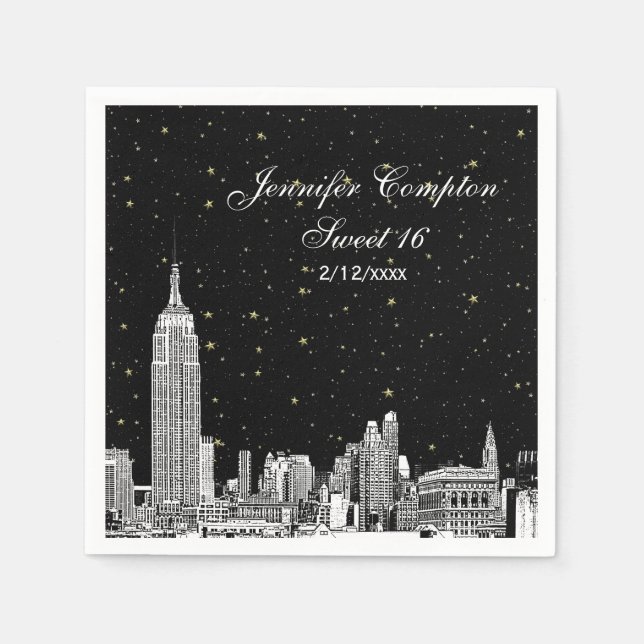 Graverad NYC-siluett Stjärnig DIY BG Sweet 16 Pappersservett (Framsidan)