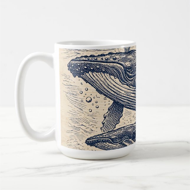 Gravering med gammal flock med puckelvalar kaffemugg (Vänster)