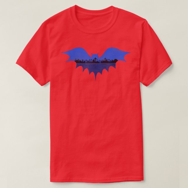 Graveyard Fladdermus Cemetery Blue Silhouette Hall T Shirt (Design framsida)