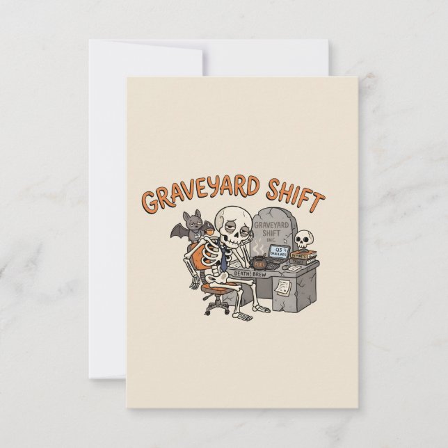 Graveyard Shift Kontorsskelett Rolig Halloween Tack Kort (Framsida)