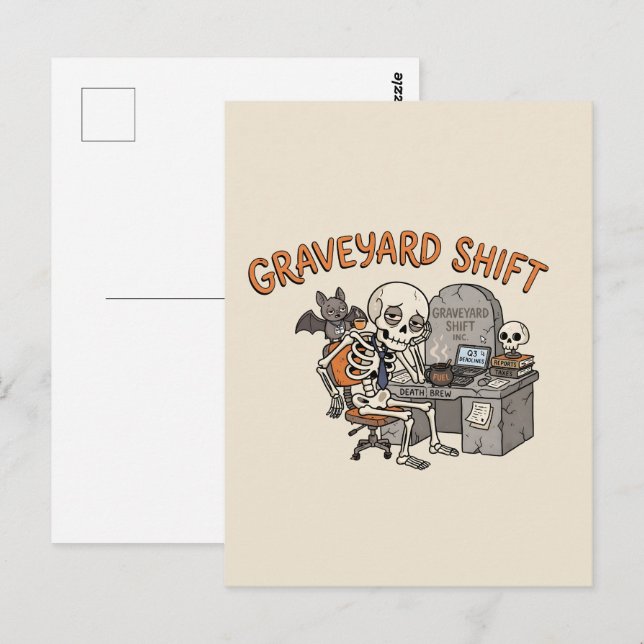Graveyard Shift Kontorsskelett Rolig Halloween Vykort (Fram/baksida)