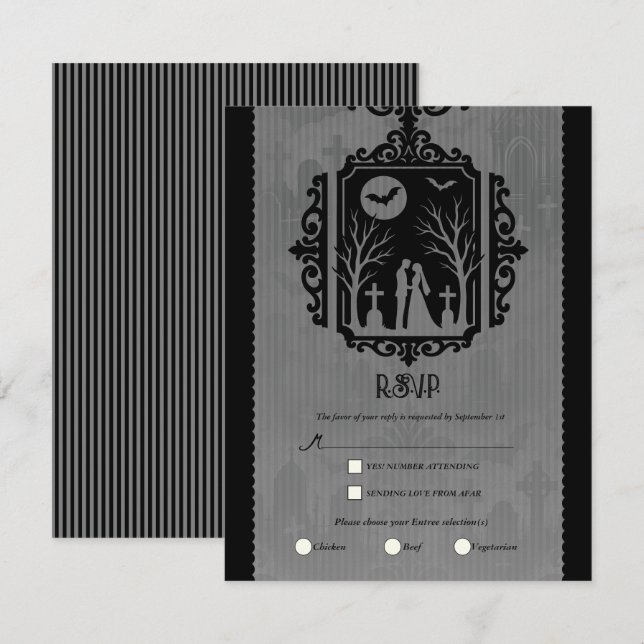 Graveyard Vows Black & Gray gotiskt bröllop RSVP Inbjudningar (Fram/baksida)
