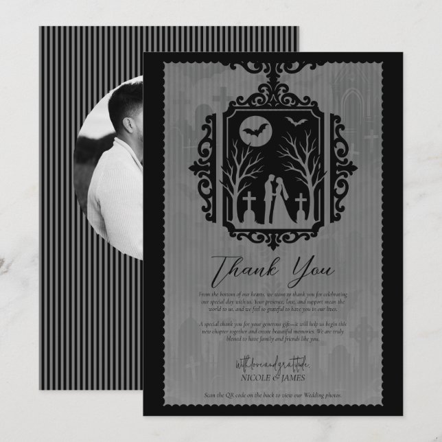 Graveyard Vows Svart & Grå Gotisk Bröllops-RSVP Inbjudningar (Fram/baksida)