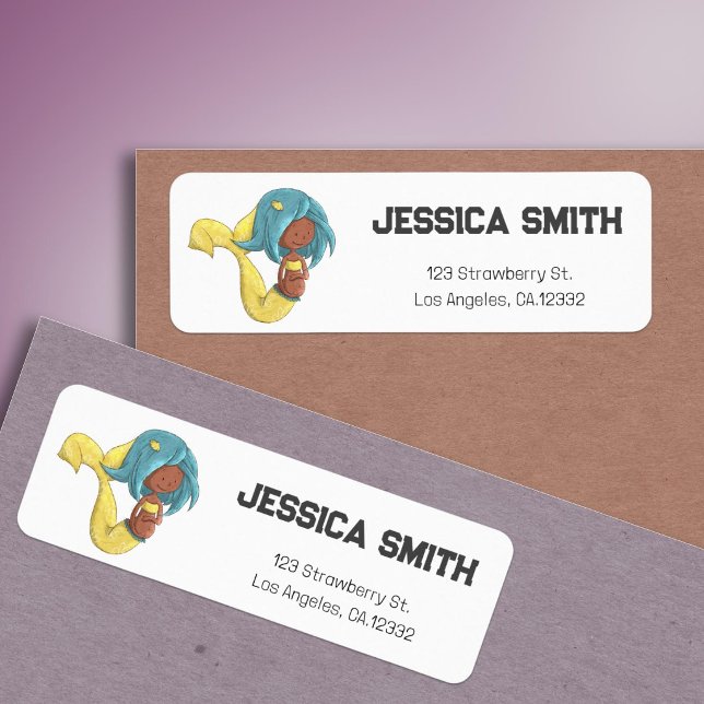 Gravid afroamerikansk sjöjungfru returadress etikett (Pregnant African American Mermaid Return Address Label by Kinda Cute by Patricia Alvarez)