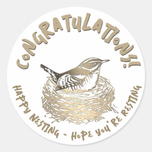 Gravid Grattis Bird Nest Embossed Guld Runt Klistermärke