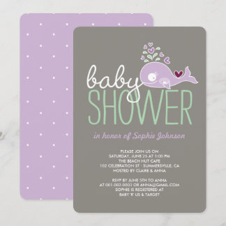 Gravid Lilac Mamma Whale Girl Baby Shower Inbjudan