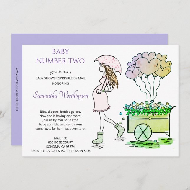Gravid mamma lila babyshower sprinkle via posten (Fram/baksida)