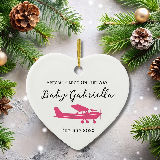Gravid Meddelande om Baby Photo Rosa Cessna Julaft Julgransprydnad Keramik (front)