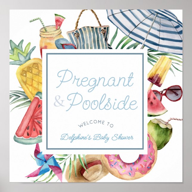 Gravid & Poolside Pojke Baby Shower Välkomstskylt Poster (Framsidan)