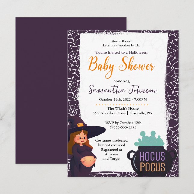 Gravid Witch Halloween Baby Shower Party Inbjudan Vykort (Fram/baksida)