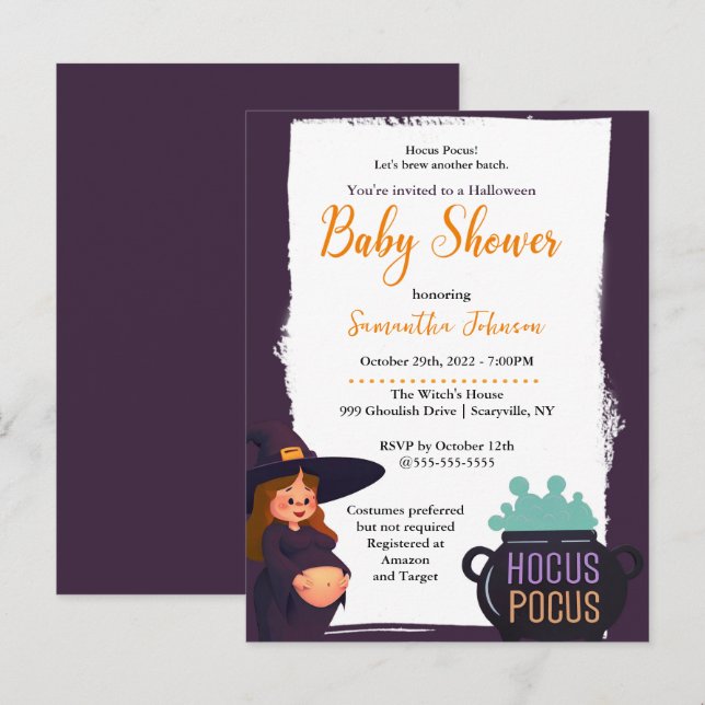 Gravid Witch Halloween Baby Shower Party Inbjudan Vykort (Fram/baksida)