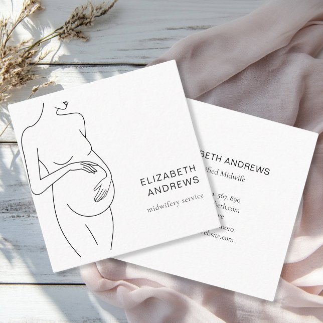 Gravida kvinnor Simpel Modern White Fyrkantigt Visitkort (Modern, minimalist business card, white,black. Line Art Illustration, pregnant woman. )
