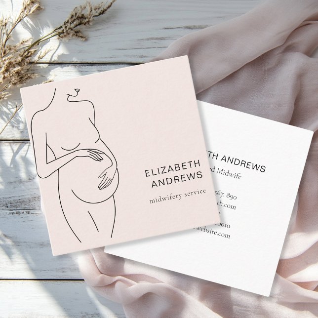 Gravida kvinnor-simpelmodernt affärskort fyrkantigt visitkort (Modern, minimalist business card, beige-blush, black. Line Art Illustration, pregnant woman.)