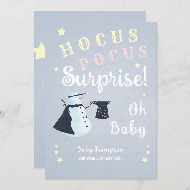 Graviden Hocus Pocus Surprise Baby Winter Snögubbe Inbjudningar (Fram/baksida)