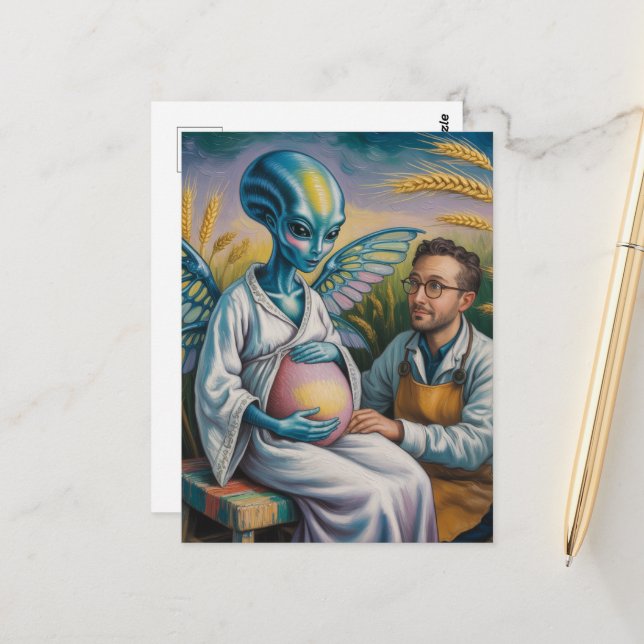 Graviditet Alien med Vingar i vete Fält Vykort (Fram/Back In Situ)