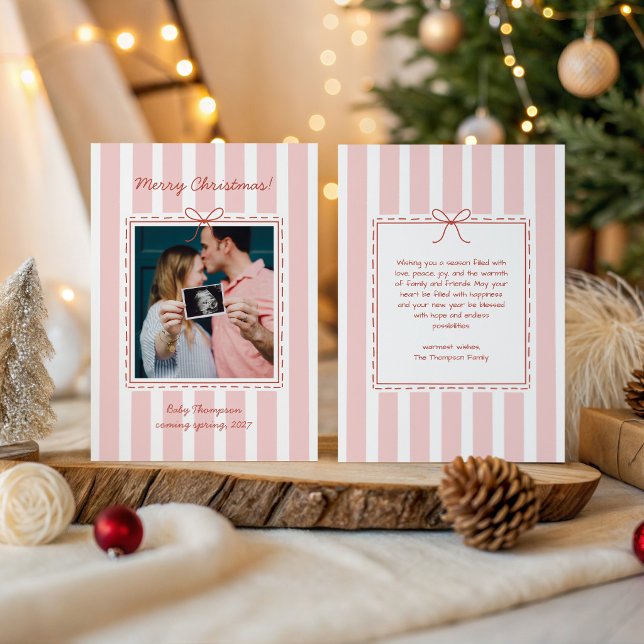 Graviditetsannonsering Jul Foto Rosett Ränder Julkort (Skapare uppladdad)