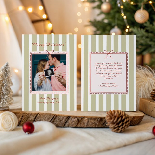 Graviditetsannonsering Jul Foto Rosett Ränder Julkort (Skapare uppladdad)