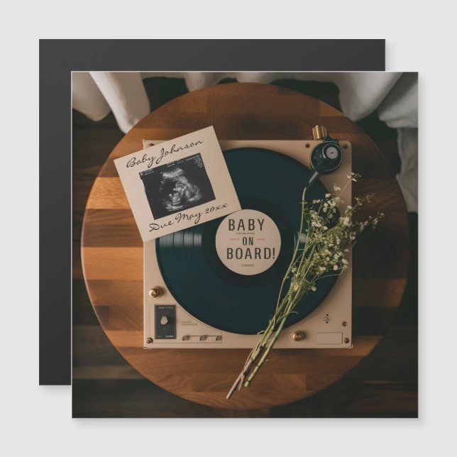 Graviditetsannonsering med vintage vinylskivspelar (Fram/baksida)