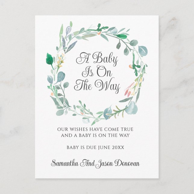 Graviditetsannonsering Rosa Grön Blommig Krans Meddelande Vykort (Framsida)